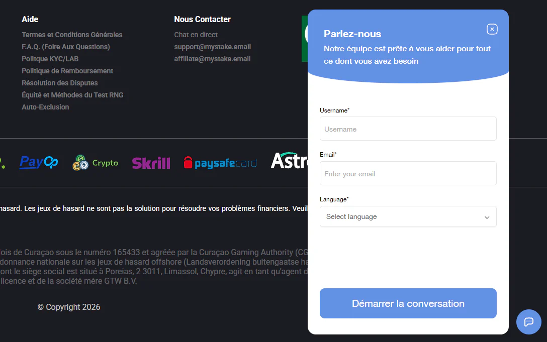 Fenêtre de chat du support MyStake avec formulaire de contact et assistance en ligne