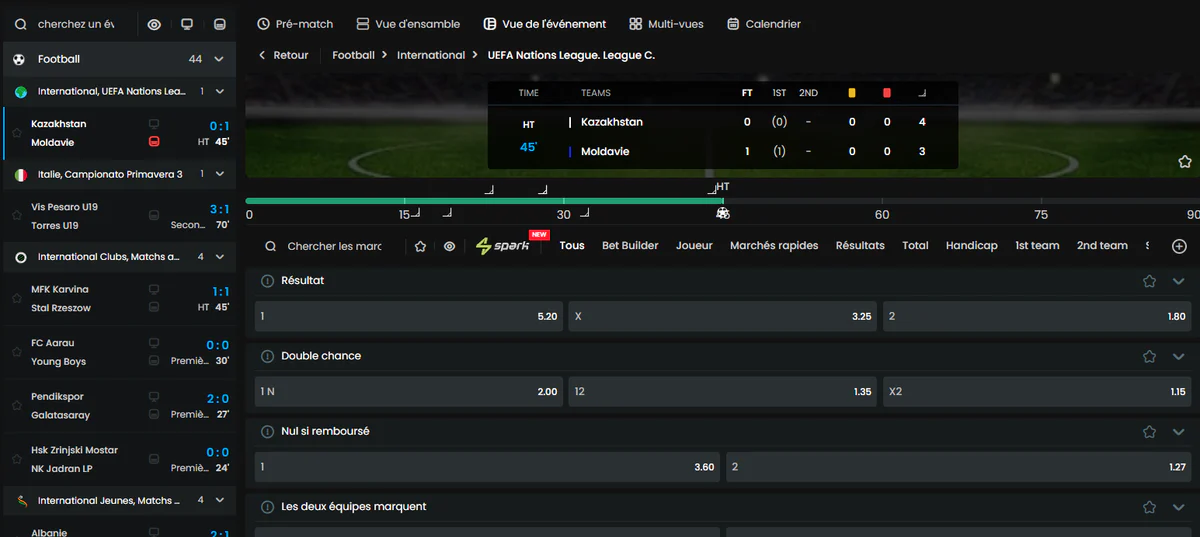 Interface de paris sportifs de MyStake avec match Kazakhstan–Moldavie en direct, cotes et marchés de paris