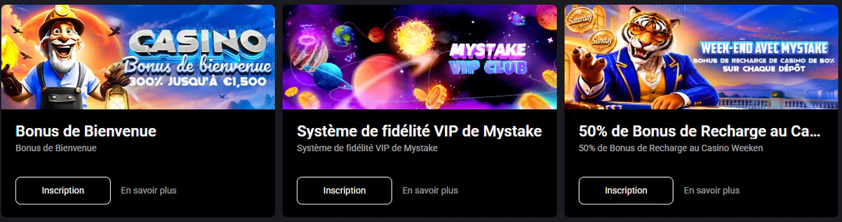 Promotions du casino MyStake avec bonus de bienvenue, programme VIP et bonus de recharge du week-end